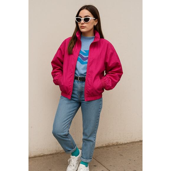 Vintage 90s Pacific Trail Hot Pink Windbreaker Jacket XL Hood Zip Pockets - Picture 1 of 10